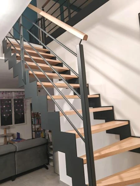 Escalier métallique à double limon, marches hêtre